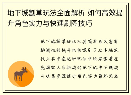 地下城割草玩法全面解析 如何高效提升角色实力与快速刷图技巧